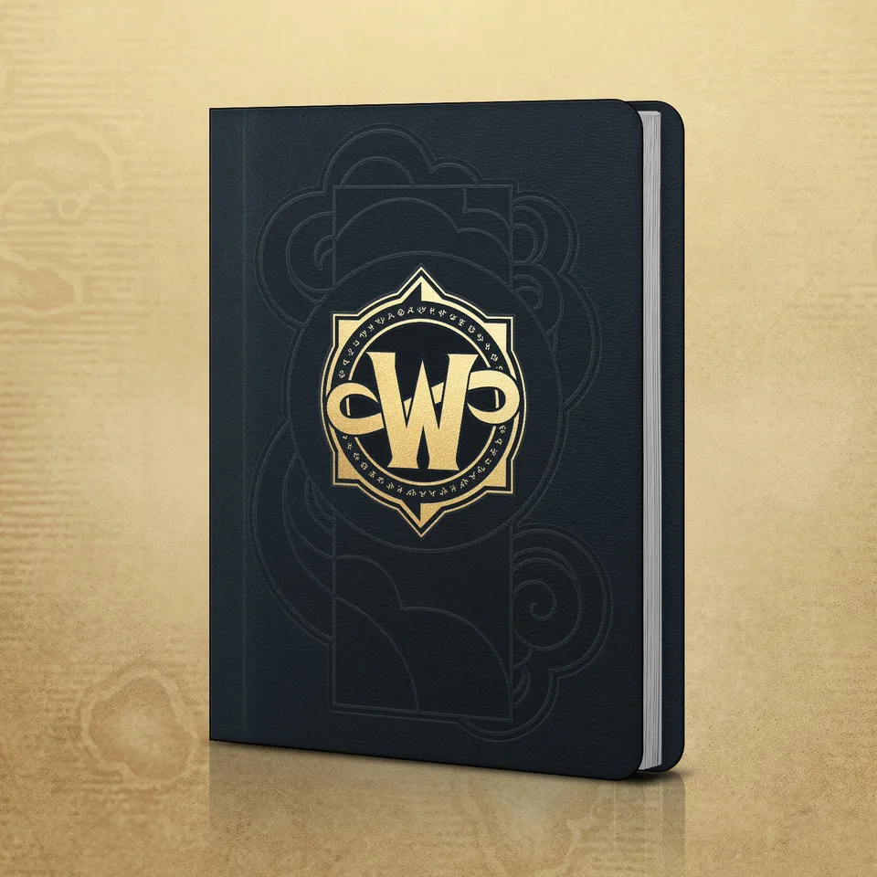 Dunkelblaues gebundenes Buch mit goldenem W-Emblem auf dem Einband