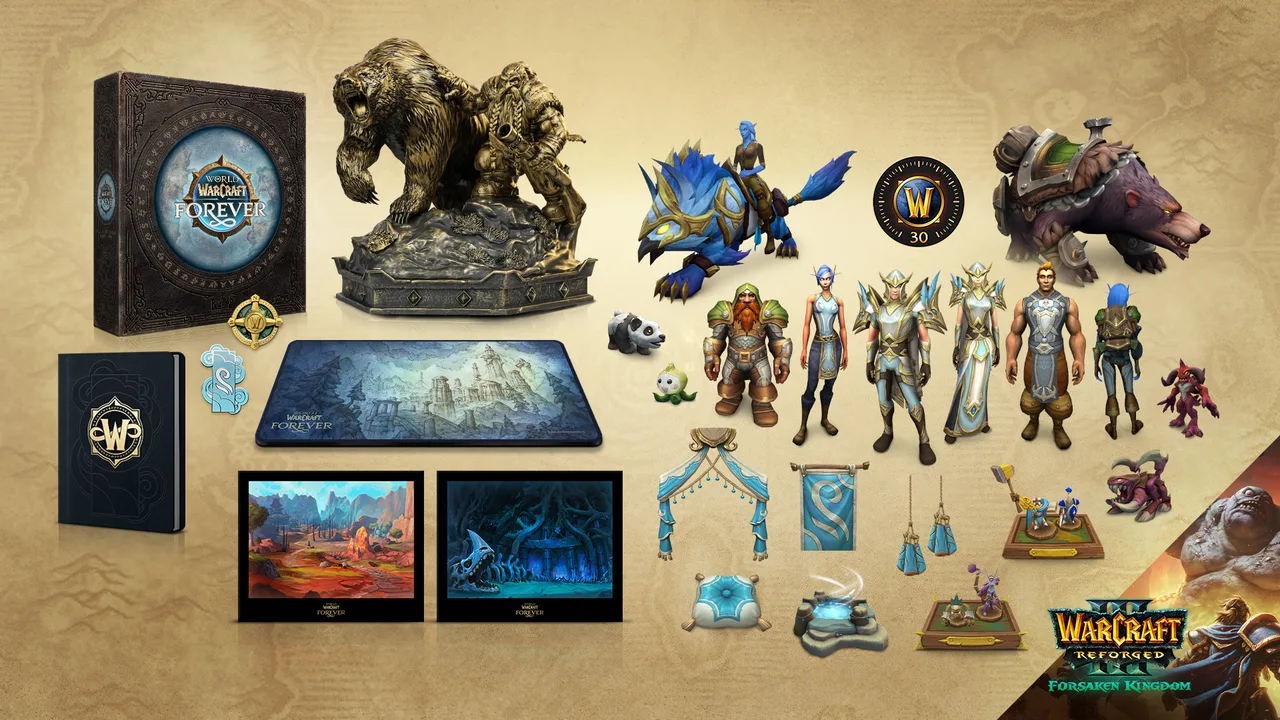 Produktfoto der Collector’s Edition mit Box, Statue, Mauspad, Kunstdrucken, Anstecker und Begleitbuch