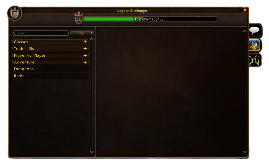 Ventana «Legacy Challenges» con 30 de 65 puntos de legado y las categorías Classes, Tradeskills, Player vs. Player, Adventure, Dungeons y Raids