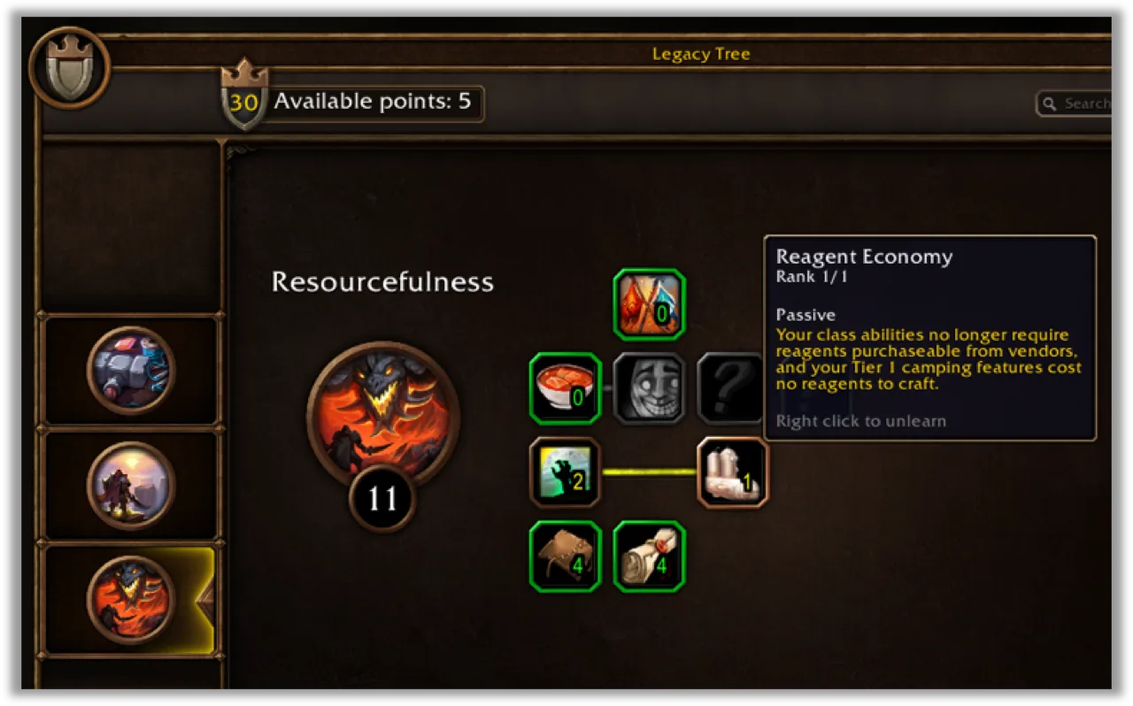 Fenster „Legacy Tree“ mit dem Baum Resourcefulness, verteilten Punkten und dem Tooltip zu Reagent Economy