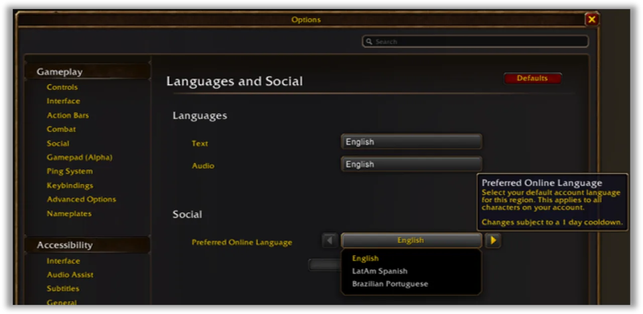 Optionsfenster „Languages and Social“ mit den Feldern Text, Audio und Preferred Online Language
