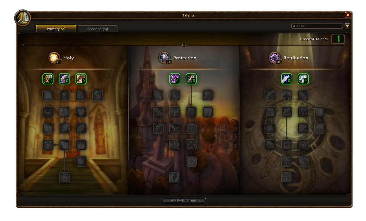 Talentfenster im Spiel mit den drei Paladin-Bäumen Holy, Protection und Retribution nebeneinander